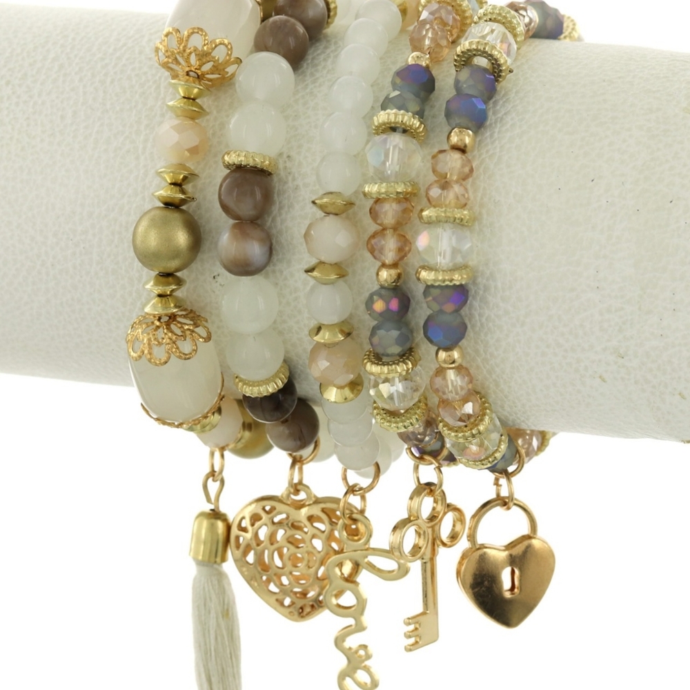 Multi Strand Glass Stone Bracelet with Hearts and lockets Y2K